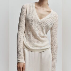 Saintart Wren Pointelle Knit V Neck Sweater in Ivory NEW